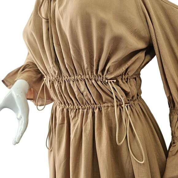 SHEIN Premium Gatherd Flowy Midi Dress Women S Cold Shoulder Halter Neck Tan NEW - Picture 4 of 8